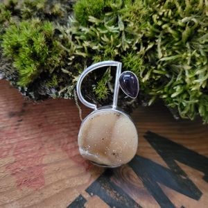 Abstract Cream Druzy and Purple Amethyst Pendant